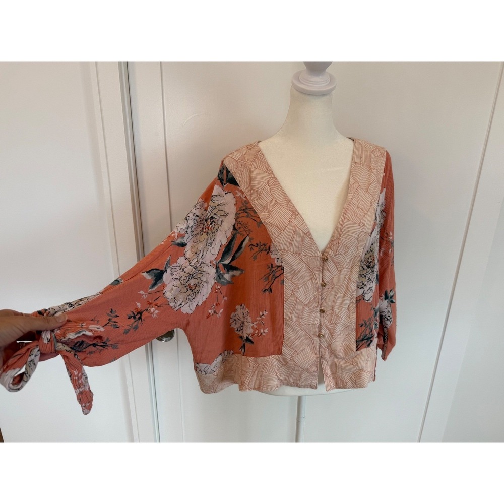RAIN Boho Floral Peasant Blouse Tie Sleeve Top Pink Romantic Cottagecore L/XL - Picture 3 of 8